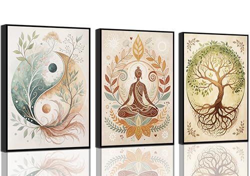 3 Pcs Tree of Life Canvas Wall Art Lotus Zen Painting Pictures Wall Decor Yin Yang Taichi Spiritual Prints Posters for Living Room Yoga Room Hotel Bedroom Home Decor 12x16in Unframed - size: 16L"×12W" poster
