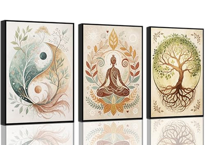 3 Pcs Tree of Life Canvas Wall Art Lotus Zen Painting Pictures Wall Decor Yin Yang Taichi Spiritual Prints Posters for Living Room Yoga Room Hotel Bedroom Home Decor 12x16in Unframed - size: 16L"×12W" poster