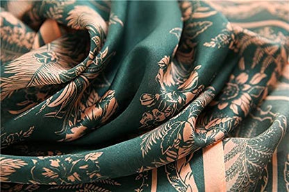 100% Mulberry Silk Long Scarf for Women Large Shawls for Headscarf and Neck- Oblong Hair Wraps with Gift Packed - color: Green&pink Leaves