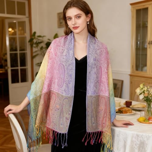 Rave Pashmina Scarf, Fashion Colorful Shawls and Wraps Soft Festival Scarves - color: D-white (Paisley Pattern)