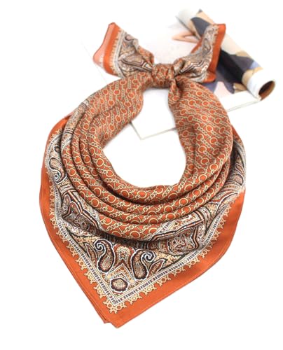 ANDANTINO 100% Pure Mulberry Silk Scarf 35" Large Square Lightweight Headscarf –Women’s Hair Wraps-With Gift Packed - color: Chains-caramel