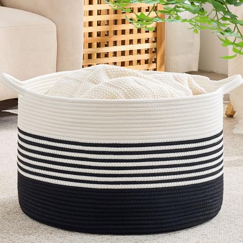 KAKAMAY Cotton Rope Storage Basket (20"x13"),Woven Hamper for Blankets,Toys,Pillows,Clothes,Laundry,Sturdy Handles Decorative Basket for Living Room, Bedroom,Nursery(Black/Black Fringe) - color: Black Stripe