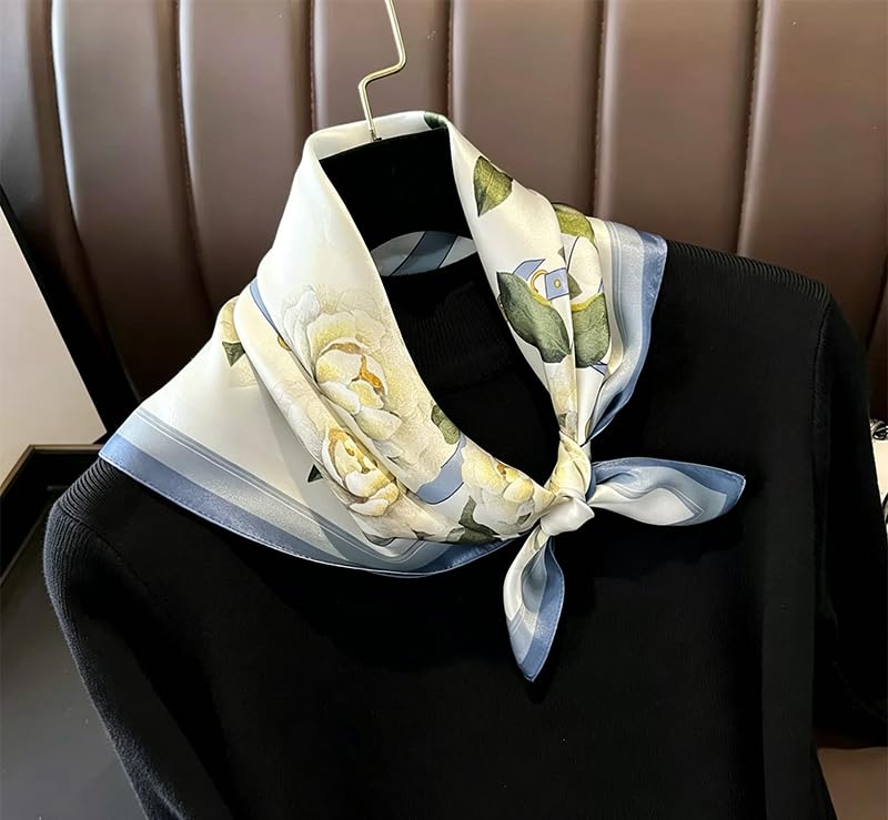 ANDANTINO 100% Mulberry Silk Scarf -21” Lightweight Square Neckerchief – Breathable Digital Printed Scarves with Gift Packed - color: Floral-pale Blue