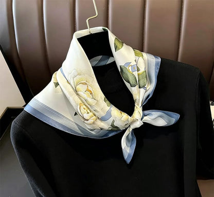 ANDANTINO 100% Mulberry Silk Scarf -21” Lightweight Square Neckerchief – Breathable Digital Printed Scarves with Gift Packed - color: Floral-pale Blue