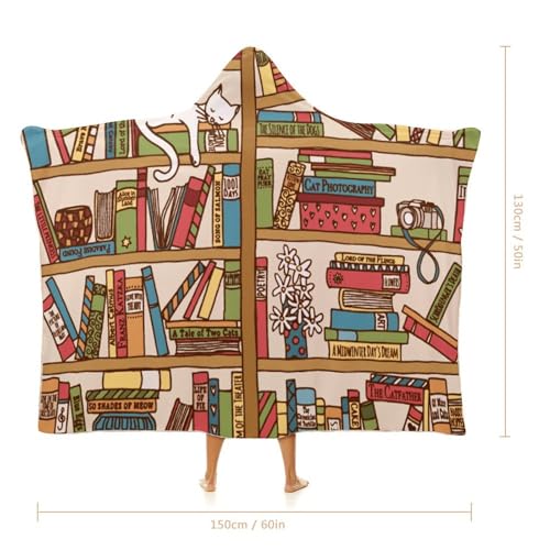 Sleeping Cat Library Bookshelf Large Size Comfortable Hooded Blanket, Warm Blanket 50"x60" - color: Sleeping Cat Library Bookshelf, size: 50"x60"