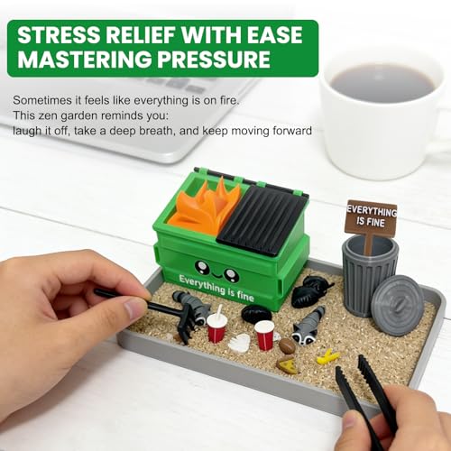 Dumpster Fire Zen Garden for Desk (Grey) - “Everything is Fine” Stress Relief Mini Garbage Sandbox Kit, Office Desktop Funny Decor Dark Humor Gag Gifts for Coworkers Friends