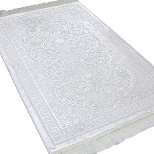 Modefa Luxury Velvet Prayer Rug with Prayer Beads | Soft Elegant Muslim Turkish Janamaz Sajada Carpet for Men and Women | Plain Solid Prayer Mat Ramadan Eid Gift - Paisley (Vanilla Creme) - color: Vanilla Creme