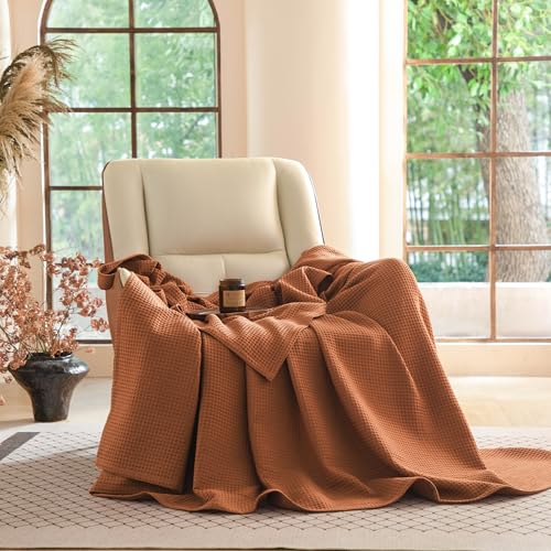 Simple&Opulence 100% Cotton Waffle Weave Throw Blanket 50"x60", Soft Lightweight Breathable Cozy Washed, Layer Blanket for Couch Bed Sofa, Farmhouse Home Decor for Adults All-Season, Rust Orange