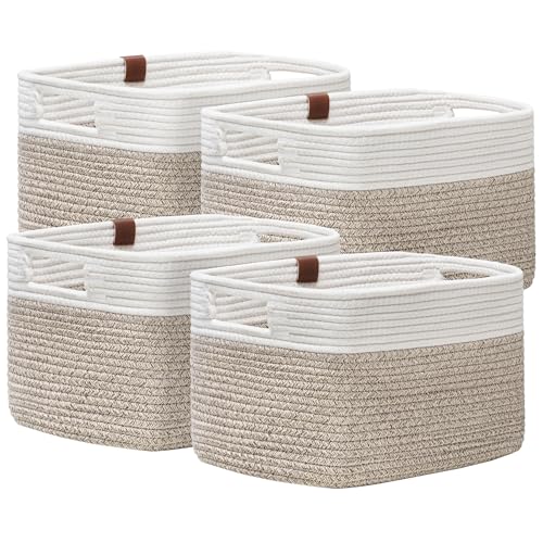 UBBCARE 4 Pack Baskets for Organizing, Woven Storage Baskets with Label for Toys and Towel, Rectangle Cotton Rope Basket with Handles, 14''L x9''W x8''H, White&Brown - color: White&Dark Brown