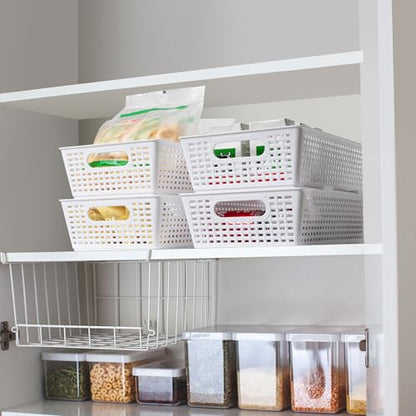 Tiawudi Stackable Woven Plastic Basket, Storage Bins for Cabinet, Closet, Shelf, Under Sink and Countertop, Pantry Organizer Bins, 6 Pack - color: White