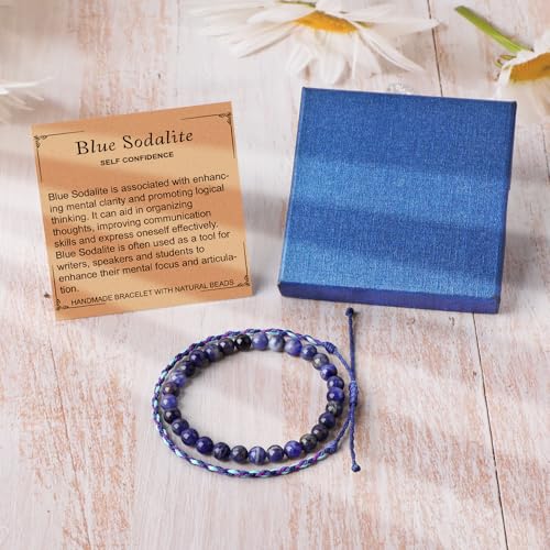 QOGIR 2pcs Handmade Healing Bracelet, Natural Gem Stone Crystal Elastic Bracelet - color: Blue Sodalite(Self Confidence), size: 6mm