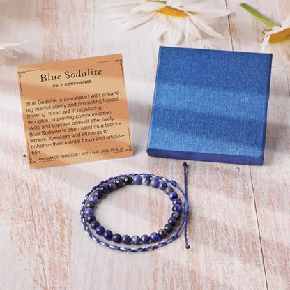 QOGIR 2pcs Handmade Healing Bracelet, Natural Gem Stone Crystal Elastic Bracelet - color: Blue Sodalite(Self Confidence), size: 6mm