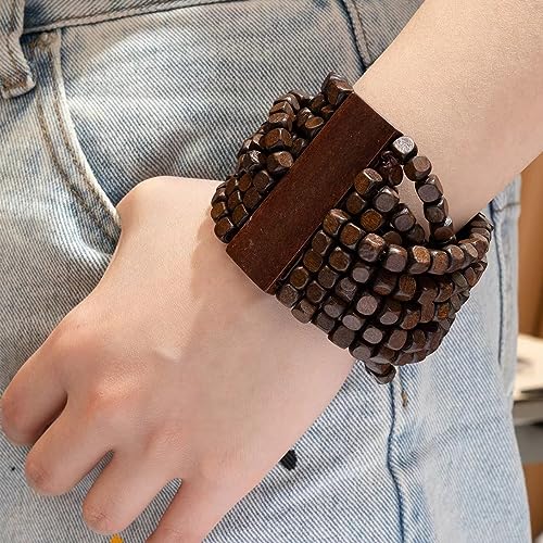 COLORFUL BLING Handmade Natural Wooden Beads Cuff Bracelet Woven Chunky Geometric Bangle for Women Summer Beach Boho Jewelry - color: intersect beads