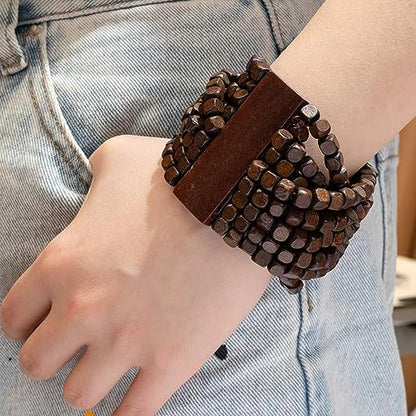 COLORFUL BLING Handmade Natural Wooden Beads Cuff Bracelet Woven Chunky Geometric Bangle for Women Summer Beach Boho Jewelry - color: intersect beads