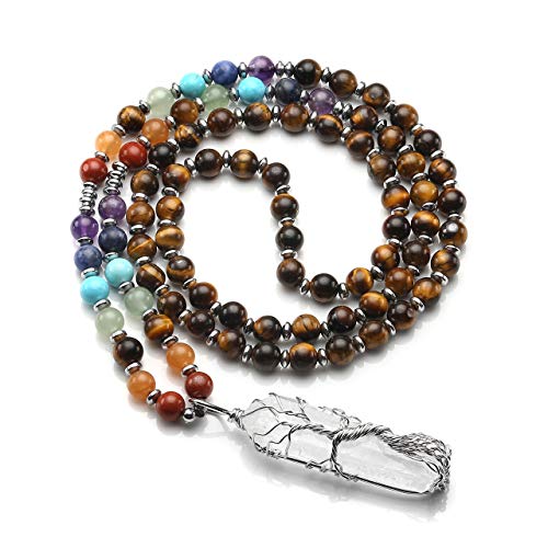 Jovivi Natural 7 Chakras Healing Crystals Necklace Wire Wrapped Clear Quartz Stone Pendant Healing Pointed Reiki Energy Balancing - color: Tiger Eye