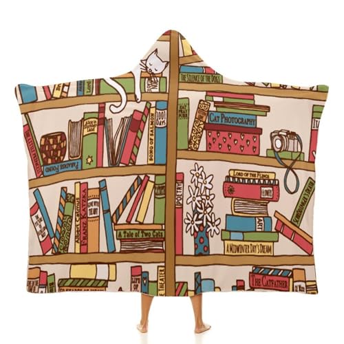 Sleeping Cat Library Bookshelf Large Size Comfortable Hooded Blanket, Warm Blanket 40"x50" - color: Sleeping Cat Library Bookshelf, size: 40"x50"