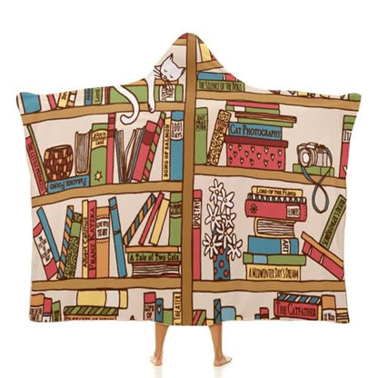 Sleeping Cat Library Bookshelf Large Size Comfortable Hooded Blanket, Warm Blanket 40"x50" - color: Sleeping Cat Library Bookshelf, size: 40"x50"