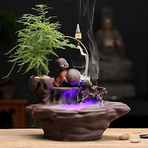Zen Chinese Style Flowing Water Ornaments Tabletop Fountain Purple Clay Little Monk Waterfall Incense Holders Home Decor Gift Decorations