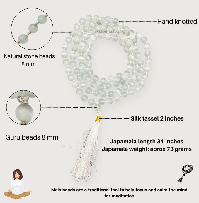 GEMSCITE Japa Mala 108 Prayer Beads Perfect for Meditation Spiritual Mala Necklace & Wrist Mala Bracelet - color: Selenite, size: Hand Knotted
