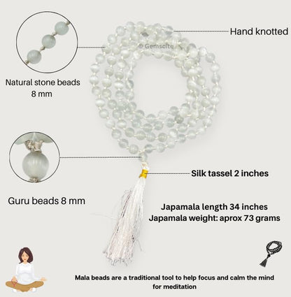 GEMSCITE Japa Mala 108 Prayer Beads Perfect for Meditation Spiritual Mala Necklace & Wrist Mala Bracelet - color: Selenite, size: Hand Knotted