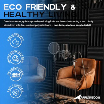 Super Dash (12 Pieces) of 25 X 25 X 5 cm Wedge Black Acoustic Soundproofing Foam Studio Treatment Wall Panel Tiles DD1134 (Black - color: Black, size: 12 Pieces - 10x10x2 in