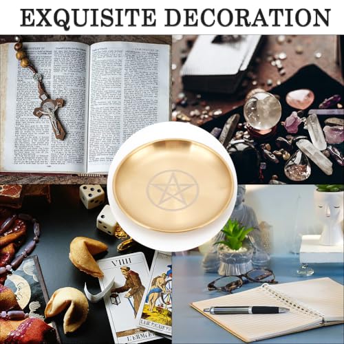 CREATCABIN Pentagram Altar Plate Star Tarot Plate Ritual Burning Candle Holder Plate Bowls Offering Incense Burning Flat Bowl with Altar Card Tarot Supplies for Witchcraft Wiccan Golden 5.55 Inch - style: Pentagram
