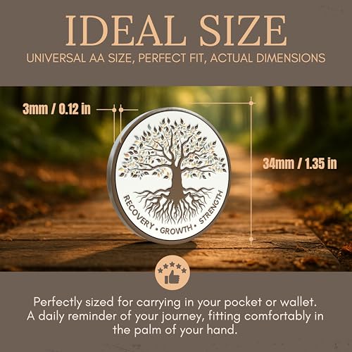 MilestoneMint Tree of Life AA Sobriety Coin - Affirmation Sobriety Chips, Recovery Coins, AA Chip, Sober Coin w/Serenity Prayer – 2D Raised Textured Medallion Included w/Capsule, Card, Pouch, Gift Set - size: Tree Coin