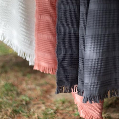 Mira Waffle Throw Blanket with Tassels - 50x66 Inch - 100% Turkish Cotton Tencel Breathable Blend Lightweight Blanket for Couch, Sofa, Bed - color: Salmon