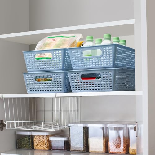 Tiawudi Stackable Woven Plastic Basket, Storage Bins for Cabinet, Closet, Shelf, Under Sink and Countertop, Pantry Organizer Bins, 6 Pack - color: Light Blue