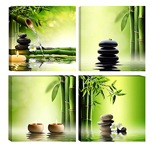 Pyradecor 4 Panel Perfect Bamboo Green Pictures Paintings on Canvas Prints Wall Art Large Modern Gallery Wrapped Zen Artwork for Living Room Bedroom Home Office Decorations 50x50cmx4pcs - size: 50x50cmx4pcs (20x20inchx4pcs)