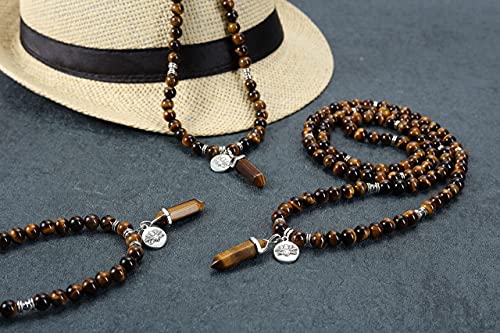 Jovivi 108 Mala Beads Bracelet 8mm Natural Amethyst Rose Quartz Healing Crystal Stone Mala Prayer Bead Necklace Hexagonal Prism Gemstone Reiki Pointed Pendant for Yoga Meditation Energy Balancing - color: Tiger Eye Crystal