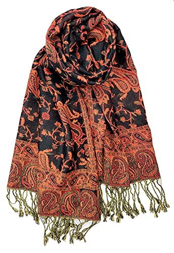 Plum Feathers Tapestry Ethnic Paisley Pattern Pashmina Shawl Scarf, Womens Pashmina Shawl Wrap with Fringes - color: Black Red Floral Paisley