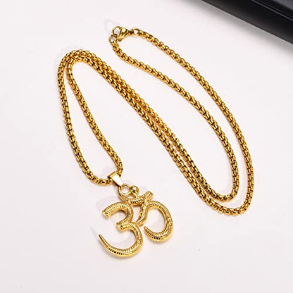 Stainless Steel Om Necklace for Men Women, gold plated/Silver/Black Yoga Charm Pendant Necklaces Aum Om Ohm Sanskrit Symbol Hindu Meditation Chain Necklace,Mens Womens Jewelry Gifts - color: Gold