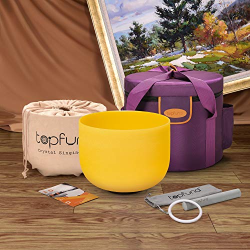 TOPFUND 528 Hz Yellow Solfeggio Crystal Singing Bowl 8 inch with Heavy Duty Carrying Case and Suede Mallet - color: 528Hz Yellow Singing Bowl, size: 8 inch