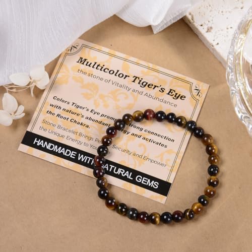 MASSIVE BEADS Handmade Yoga Stretch Elastic Bracelet Natural Stone Crystal Healing Power Energy Gifts for Unisex Adult 4mm 6mm 8mm 10mm - color: 3-Tiger's Eye (Vitality and Abundance), size: 6mm