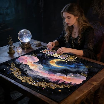 Tarot Altar Cloth Dreamlike Starry Print Sky Card Table Tablecloth Mountains and Forests Tablecloth with Tarot Bag for Reading Rituals Crystals Spiritual Divination Witchcraft Supplies - color: Dreamlike Starry