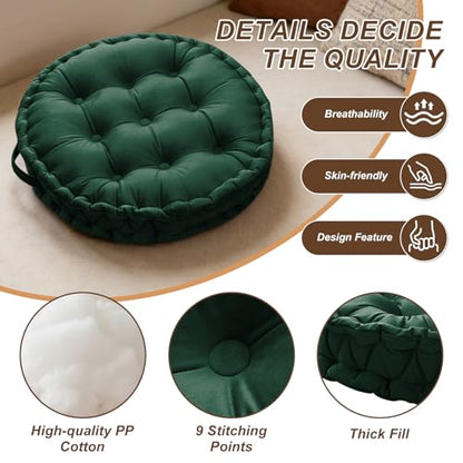 Meditation Floor Pillow, 23.6" Round Thick Cushion with Handle, Velvet Floor Cushion Seat Cushion for Yoga Living Room Tatami, Meditation Cushion for Adults, Dark Green
