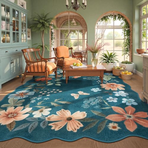 Lahome Floral Washable Rugs 8x10, Non-Slip Soft 8x10 Rugs for Living Room Bedroom, Ultra-Thin Stain Resistant Boho Blue Accent Carpet for Dining Room Office Flore (8x10ft,Navy Blue) - color: Navy Blue, size: 8' x 10'（Rectangular）