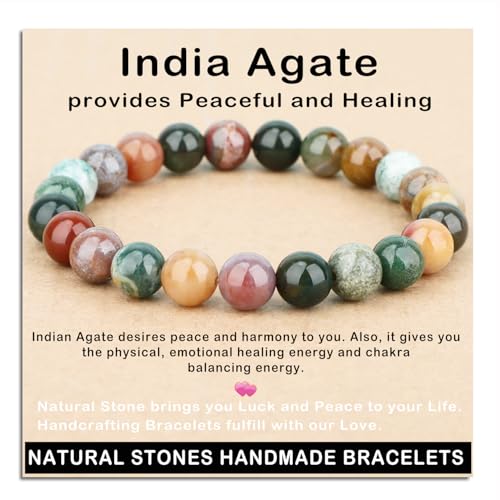 AD Beads Handmade Gemstone Stretch Elastic Bracelet Crystal Healing Reiki Nature's Beauty and Spiritual Essence Unisex - color: Indian Agate, size: 8mm