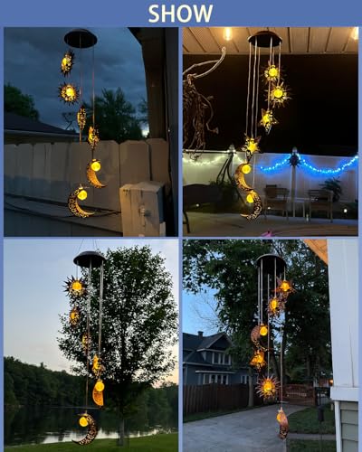 Tryme Solar Wind Chimes for Outside with Sun Moon Star Solar Hanging Lights Windchimes Outdoors Garden Decor Gifts for Mother, Grandma, Sister