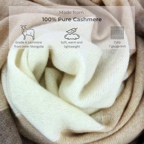 Jet&Bo 100% Pure Cashmere Lightweight Travel Wrap, Shawl & Scarf Beige Colorblock 72" x 28" with Protective Storage Bag + Gift Box