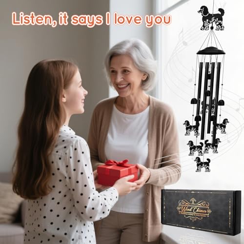 Poodle Wind Chimes for Outside, 34.6 Inch Weather-Resistant Metal Wind Chimes with 4 Aluminum Tubes, Pet Memorial Sympathy Gift for Poodle Dog Lovers, Patio Yard Garden Decor