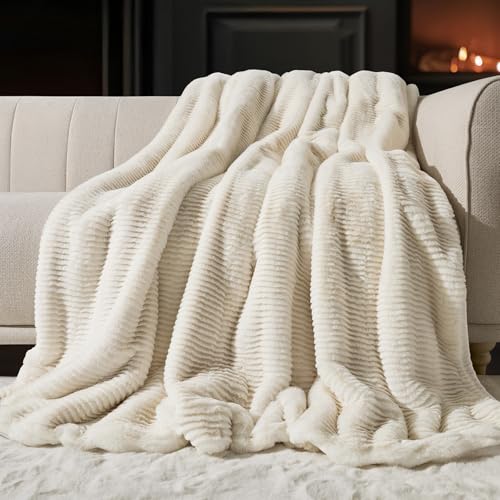 EVERGRACEHOME Ultra Soft Faux Fur Throw Blanket for Couch, Luxury Sculpted Texture Faux Rabbit Fur Blanket for Bed, Fluffy Thick Plush Warm Fuzzy Throw, 920GSM (Ivory White, 50''x60'') - color: Ivory White, size: 50''x60''