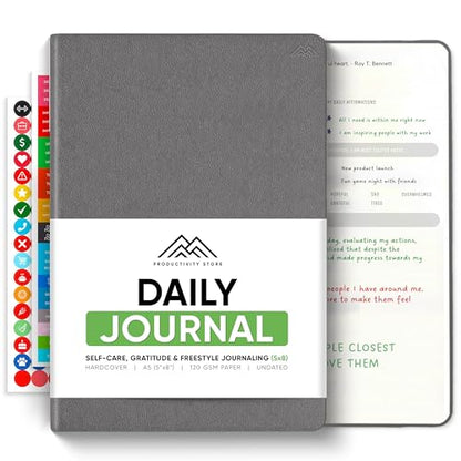 Journal For Men & Women - Gratitude Journal & Self Care Journal With Prompts - A5 Journaling Notebook - Grey - Productivity Store - color: Gray