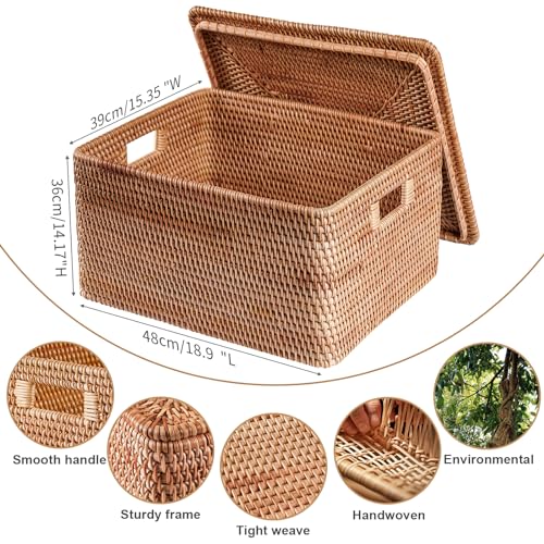 Rattan Basket With Lid, Large Lidded Basket For Storage(18.9" L×15.35"W×14.17"H) - size: 18.9"×15.35"×14.17"