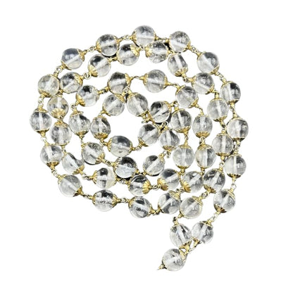 GEMSCITE Clear Quartz Crystal Prayer Mala Necklace, 55 Beads, 8mm, 30 inch, Copper Flower Cap Design