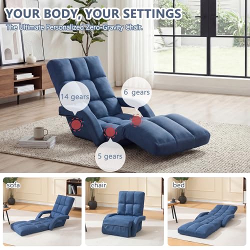 Adjustable Floor Gaming Chair for Adults with Armrests & Adjustable Footrest, 14-Position Folding Chaise Lounge Sofa for Living Room, Bedroom, Balcony (Blue) - color: Blue