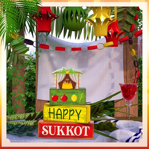 Yuntau 4 Pcs Happy Sukkot Table Decorations Sukkot Centerpieces for Tables Wooden Tabletop Party Decorations Rustic Block Sign for Tiered Tray Shelf Office Jewish Holiday Celebration Supplies - style: Happy Sukkot