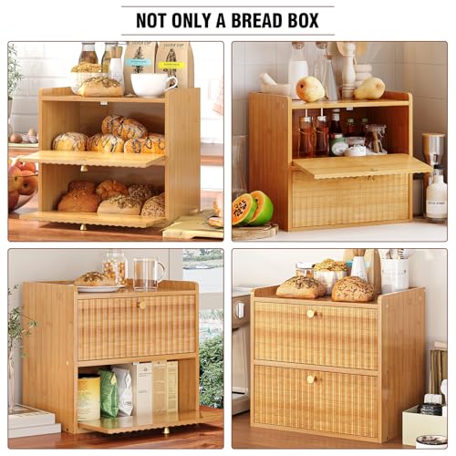Trironsun Rustic Bread Box for Kitchen Countertop Bamboo Bread Storage Container Bin Double Layer BreadBox Farmhouse Large Capacity Food Organizer (Natural Bamboo) - color: Natural Bamboo