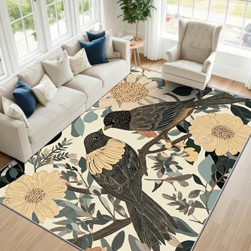Bird Rugs for Living Room - 5x6ft - Birds Flower Botanical Rug for Bedroom Non Slip Low Pile Machine Washable Area Rugs, Bird Carpets House Decor - color: Beige Green Brown, size: 5' x 6' (Rectangular)